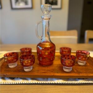 Vintage 1960's Red and Gold Star Pattern Decanter And Glass Set